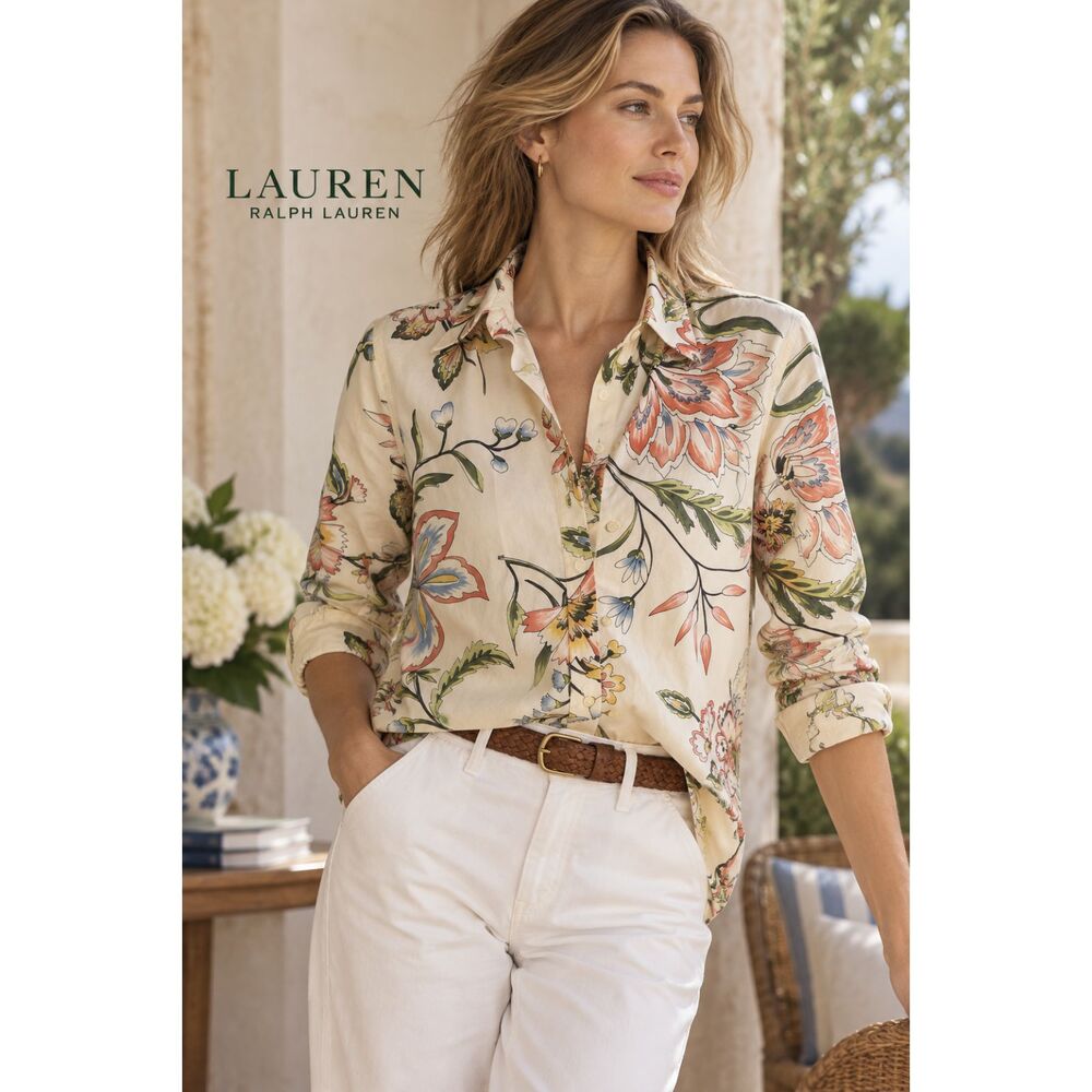 Lauren Ralph Lauren Floral Cotton Shirt Women’s Size M Cream Long Sleeve